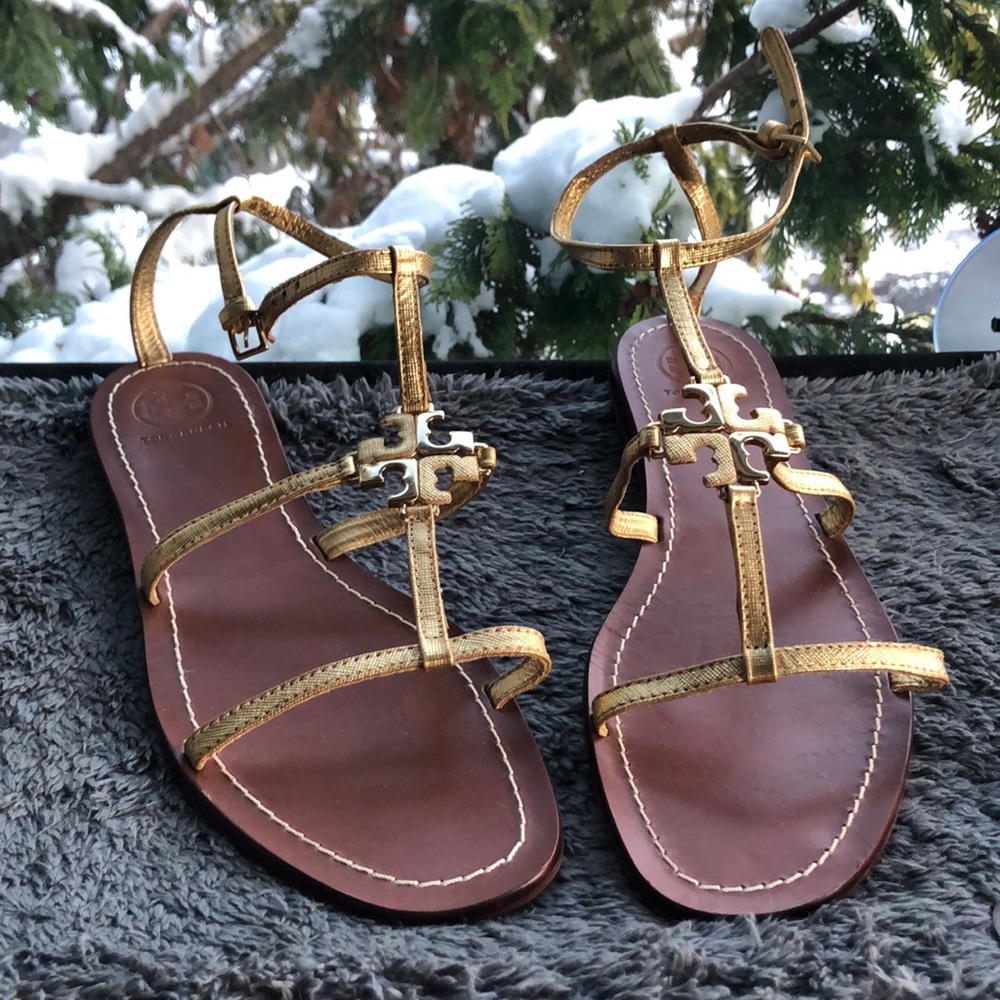 Tory Burch Lowell Flat Logo Gold Sandal